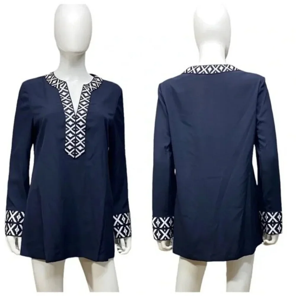 Tory Burch Ariana Navy Embroidered Tunic